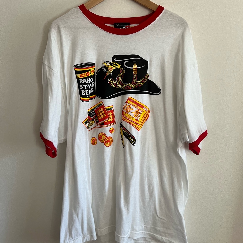 White T-Shirt with Red Trim and Graphic Print